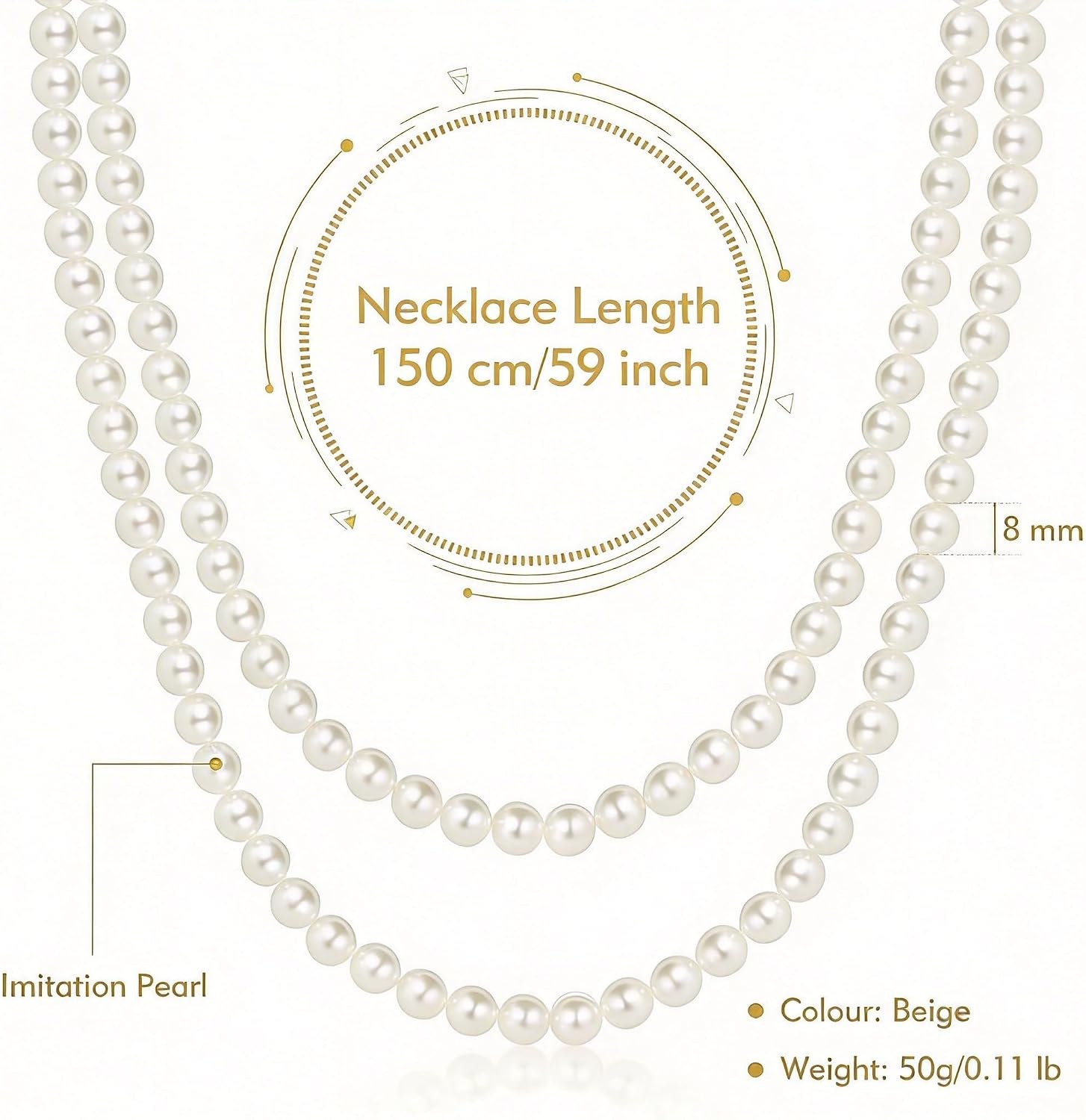 Long Pearl Necklace for Women, 2-Row Faux Pearl Strand, Elegant Costume Jewelry for Weddings & Formals, Classic White Bead Accessory