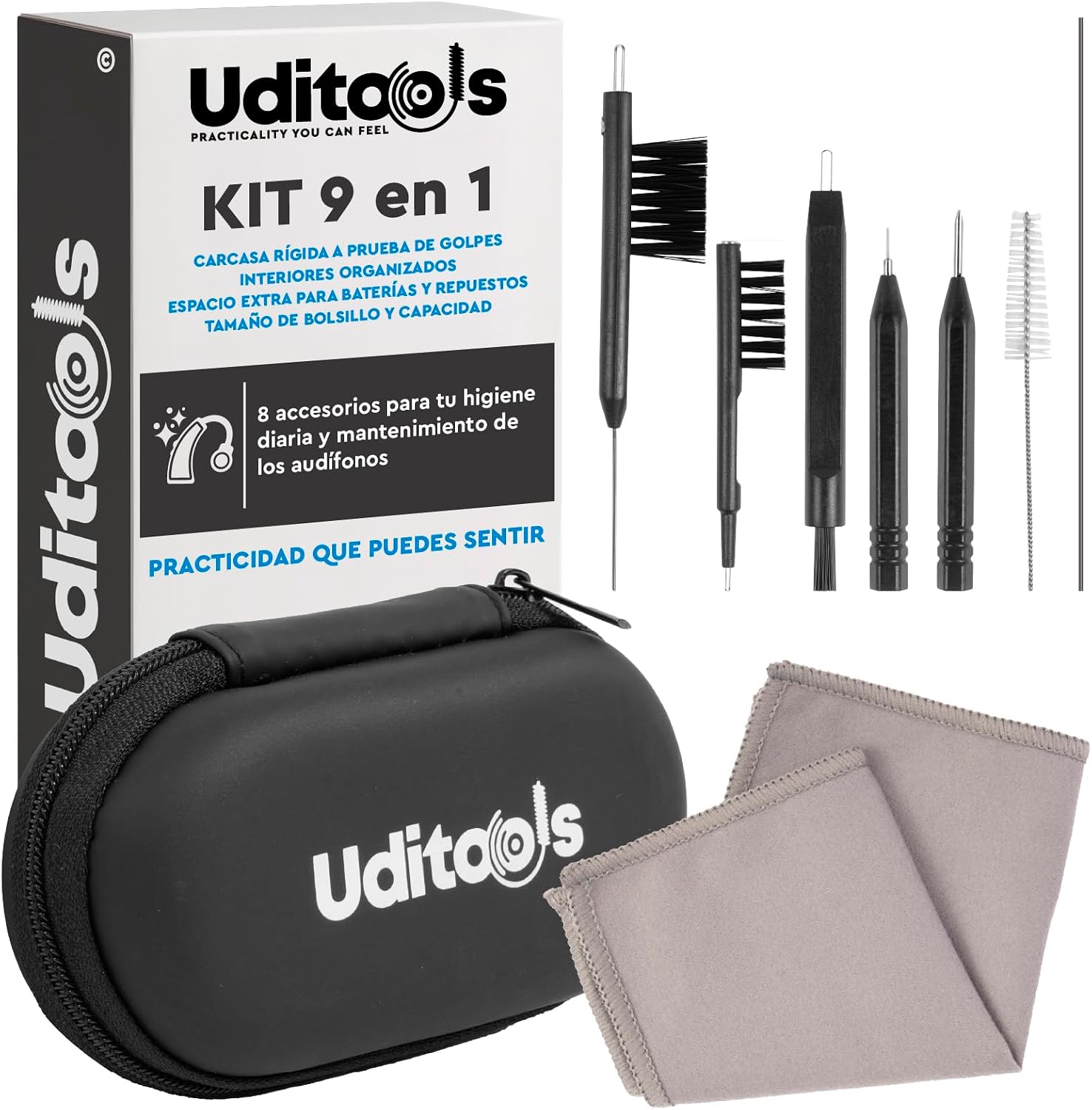 Kit de Limpieza de Audífonos 9en1 Uditools – Estuche Rígido 11x6cm – Compatible con Modelos RIC ITE BTE y Auriculares – Limpiador Audífonos con Cepillos Cable Ultrafino e Imán Extractor de Pilas