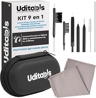 Kit de Limpeza de Aparelhos Auditivos 9em1 Uditools - Estojo Rígido 11x6cm - Compatível com Modelos RIC ITE BTE e Auriculares - Limpador de Aparelhos Auditivos com Escovas, Cabo Ultrafino e Imán