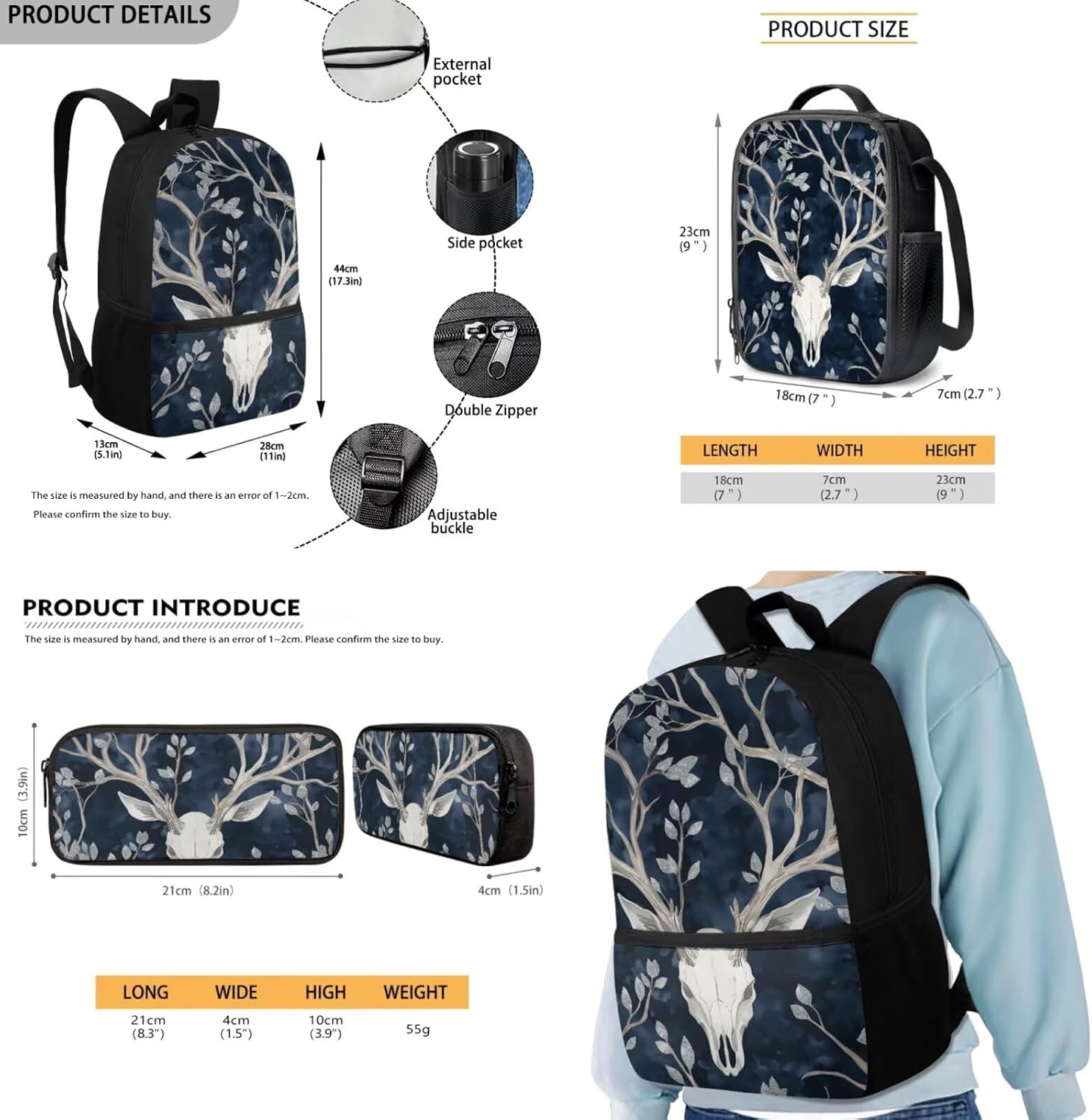 COEQINE Blue Elf Deer Flower Backpack for Girls 7-8 Cool School Backpack for Kids With Lunch Box Set Of 3 Pcs Travel Laptop Bookbag School Bags 17 Inch School Bag Set for Teen 3 In 1