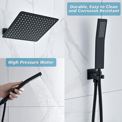 Miniatura 8 de TOCALOCA Juego de grifo de ducha de 12 pulgadas con lavabo de mano, juego de grifos de ducha negro mate con válvula, sistema de ducha de 3 funciones