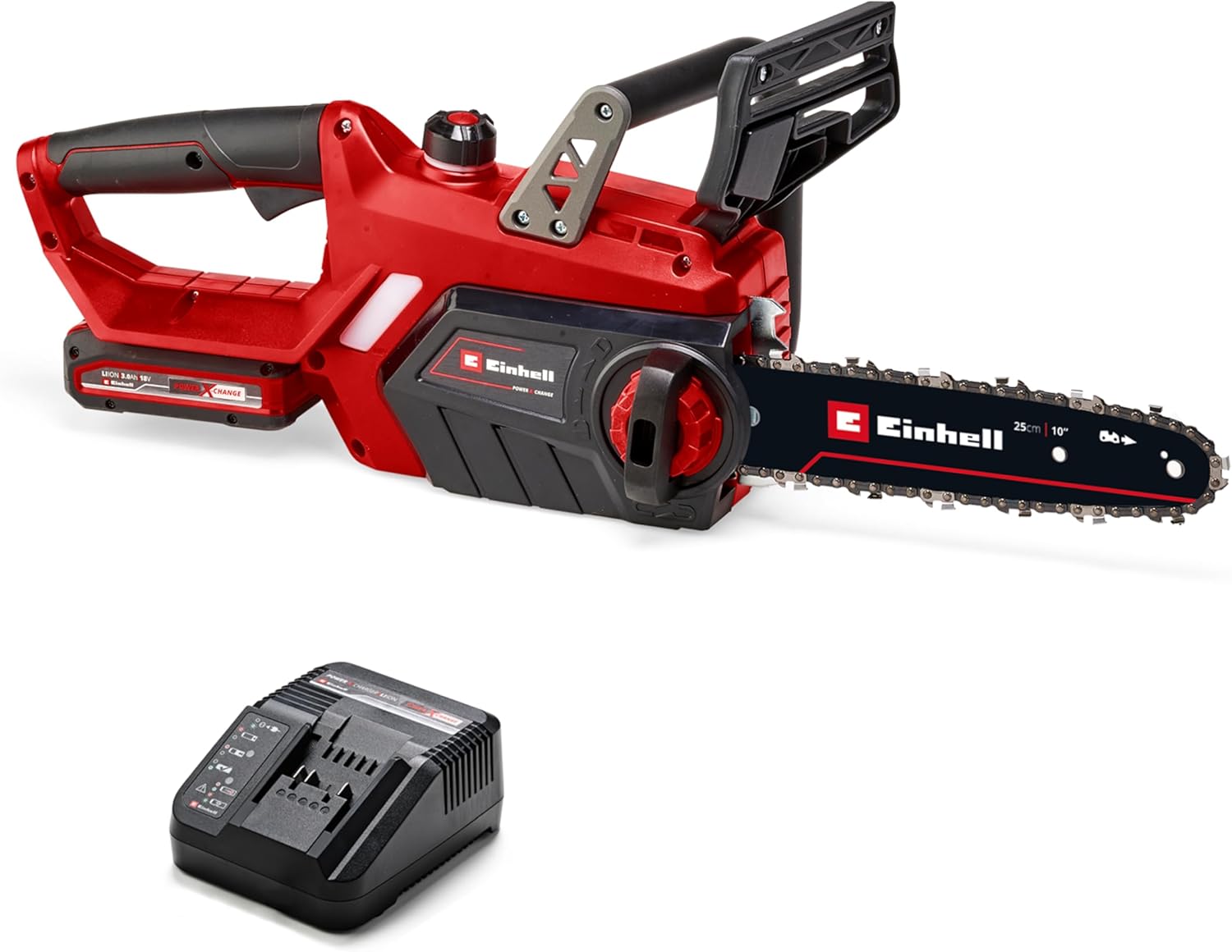Einhell Akku-Kettensäge mit Schnittlänge 25 cm, Qualitätsschwert und Kettenfangbolzen, Set mit Schnellladegerät