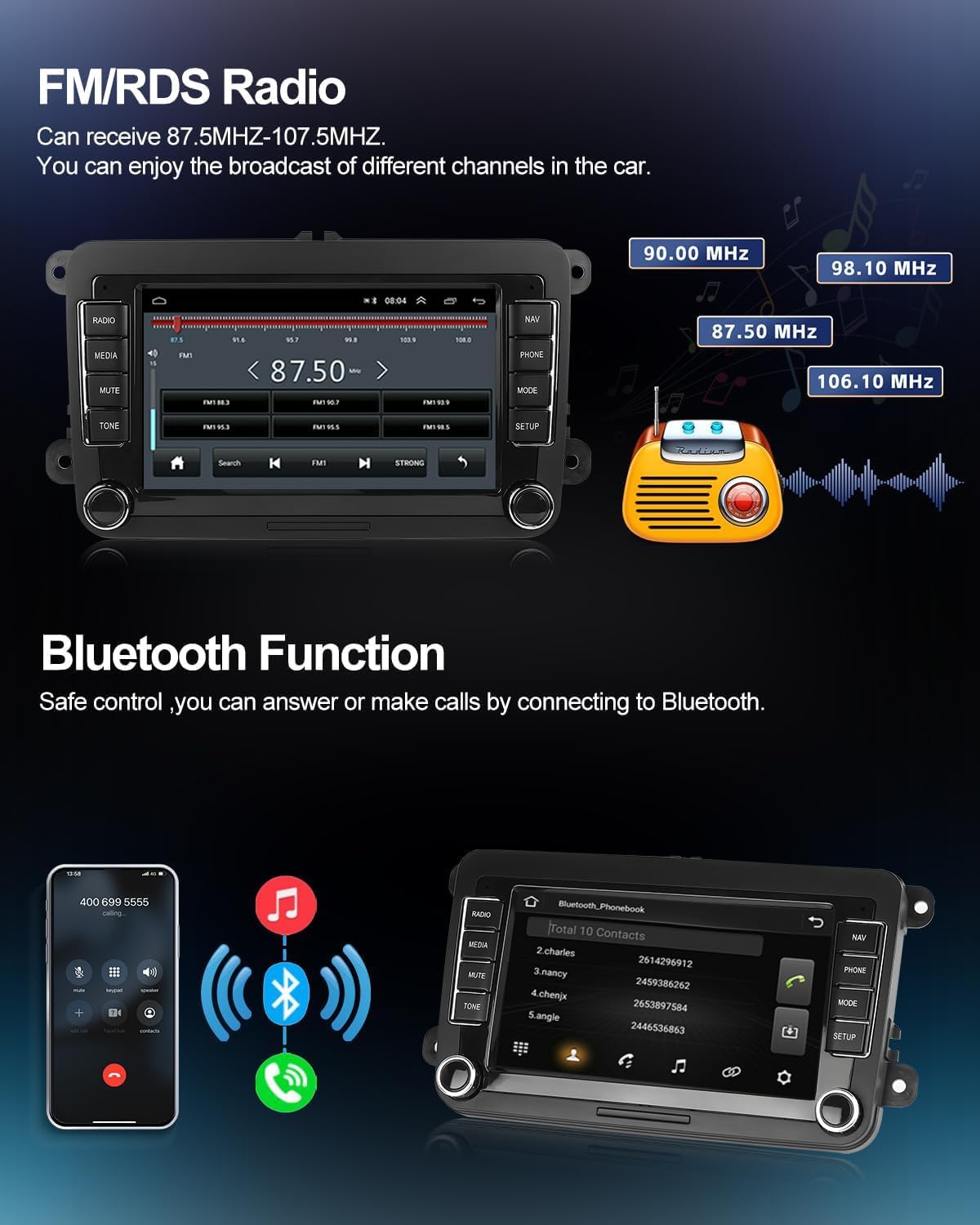 CAMECHO Car Radio FM/RDS Radio and Bluetooth Functionality