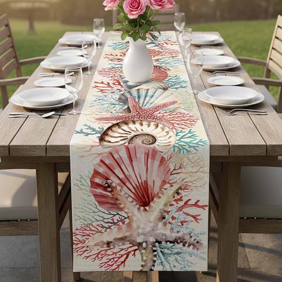 Red Coral Coastal Table Runner - 48 Inch Long Ocean Shell Starfish Nautical Beach Cotton and Linen Blended Dress Scarves Farmhouse Table Runner for Kitchen Dining, Coffee Table, 13 x 48