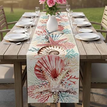 Red Coral Coastal Table Runner - 48 Inch Long Ocean Shell Starfish Nautical Beach Cotton and Linen Blended Dress Scarves Farmhouse Table Runner for Kitchen Dining, Coffee Table, 13 x 48