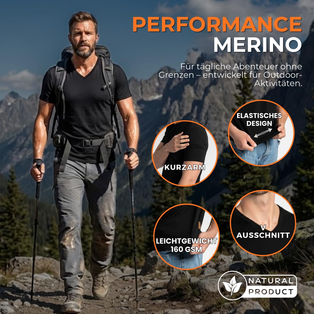 menique 100% Merino Wolle T-Shirt Herren Funktionsshirt Laufshirt Wandern Reisen Unterhemd Thermo Basisschicht Atmungsaktiv Kurzarm Sportshirt