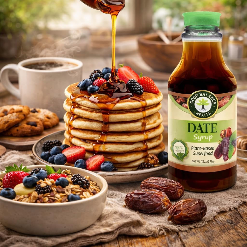 Good Balance Health Organic Date Syrup Sweetener, Natural Sugar Alternative for Coffee, Tea, Baking and Cooking, Vegan Paleo Gluten Free, Kosher, 22.5 oz Squeeze Bottle
