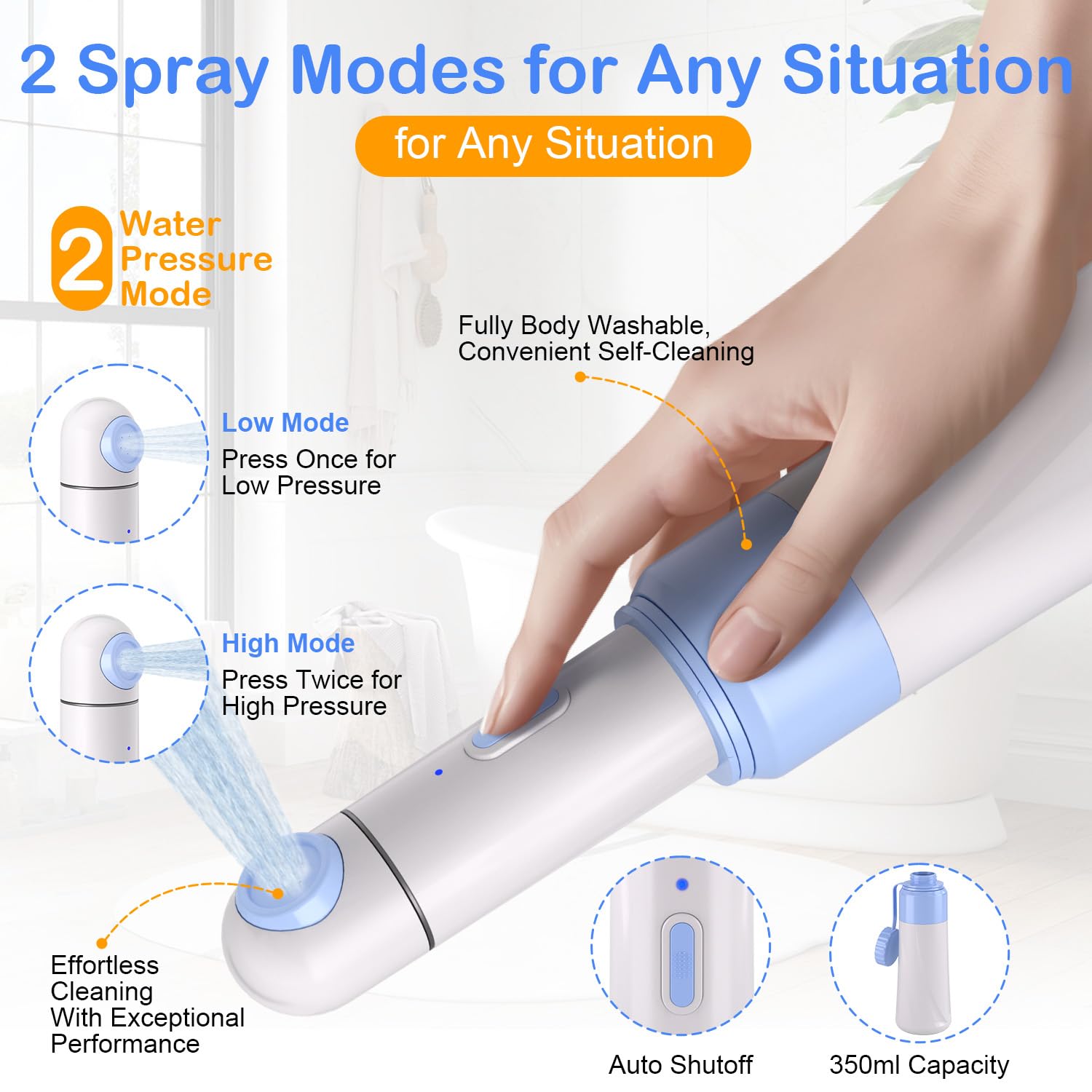 Portable Bidet Toilet Aids Wiper Tool Set for Travel | 450mAh Battery | 350ML Bottle | IPX7 Waterproof | USB-C Charging | Compact & High-Powered with 2 Pressure Modes for Wiping and Personal Hygiene