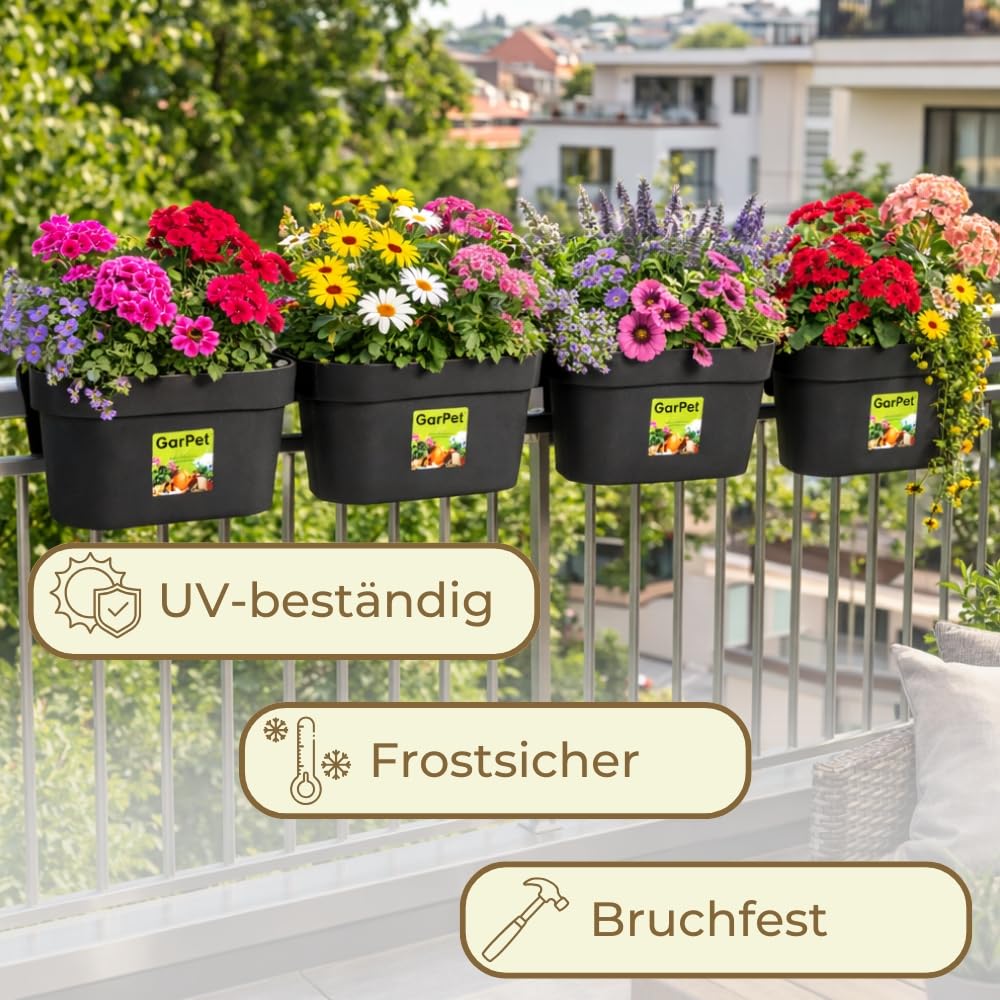 GarPet 4er Set Geländerkasten Balkon mit Wasserspeicher Blumentopf Zaun Blumenkasten Geländer Balkontopf Balkonkasten mit Halterung Balkon Pflanzkasten Anthrazit