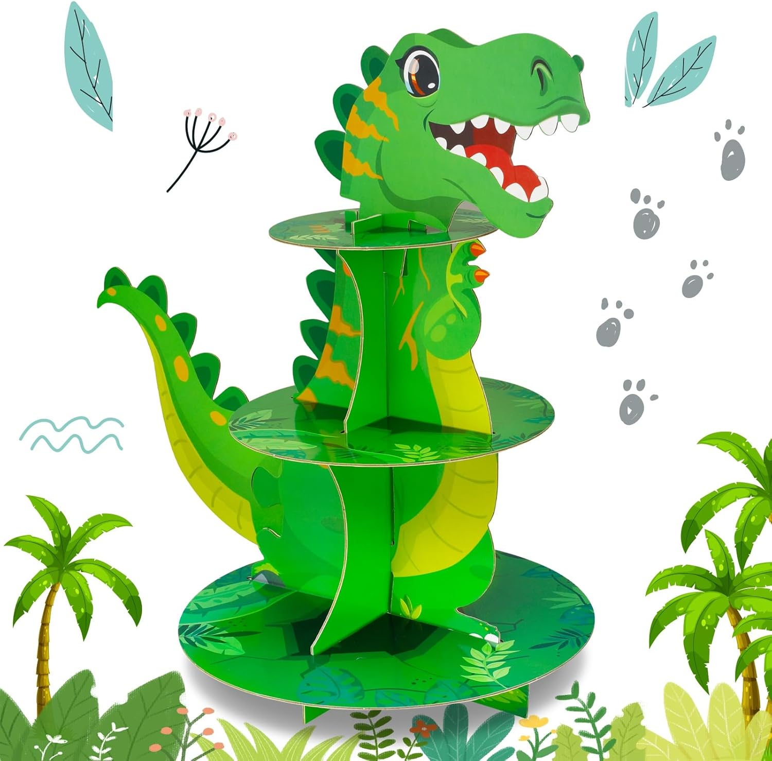 XINRUI 3 Tier Dinosaur Cupcake Stand,Dinosaur Theme Cupcake