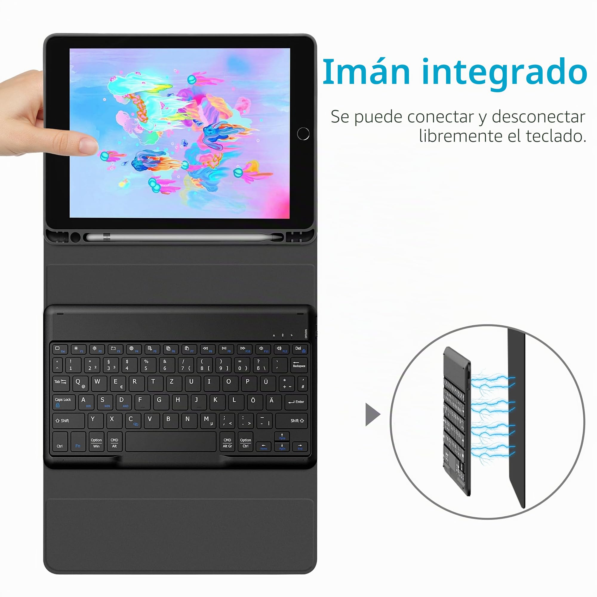 EasyAcc Funda con Teclado Compatible con iPad de 6ª generación 2018/5ª generación 2017, iPad Air 2 y 1, inalámbrico Bluetooth QWERTZ alemán con Soporte para bolígrafo, Color Negro