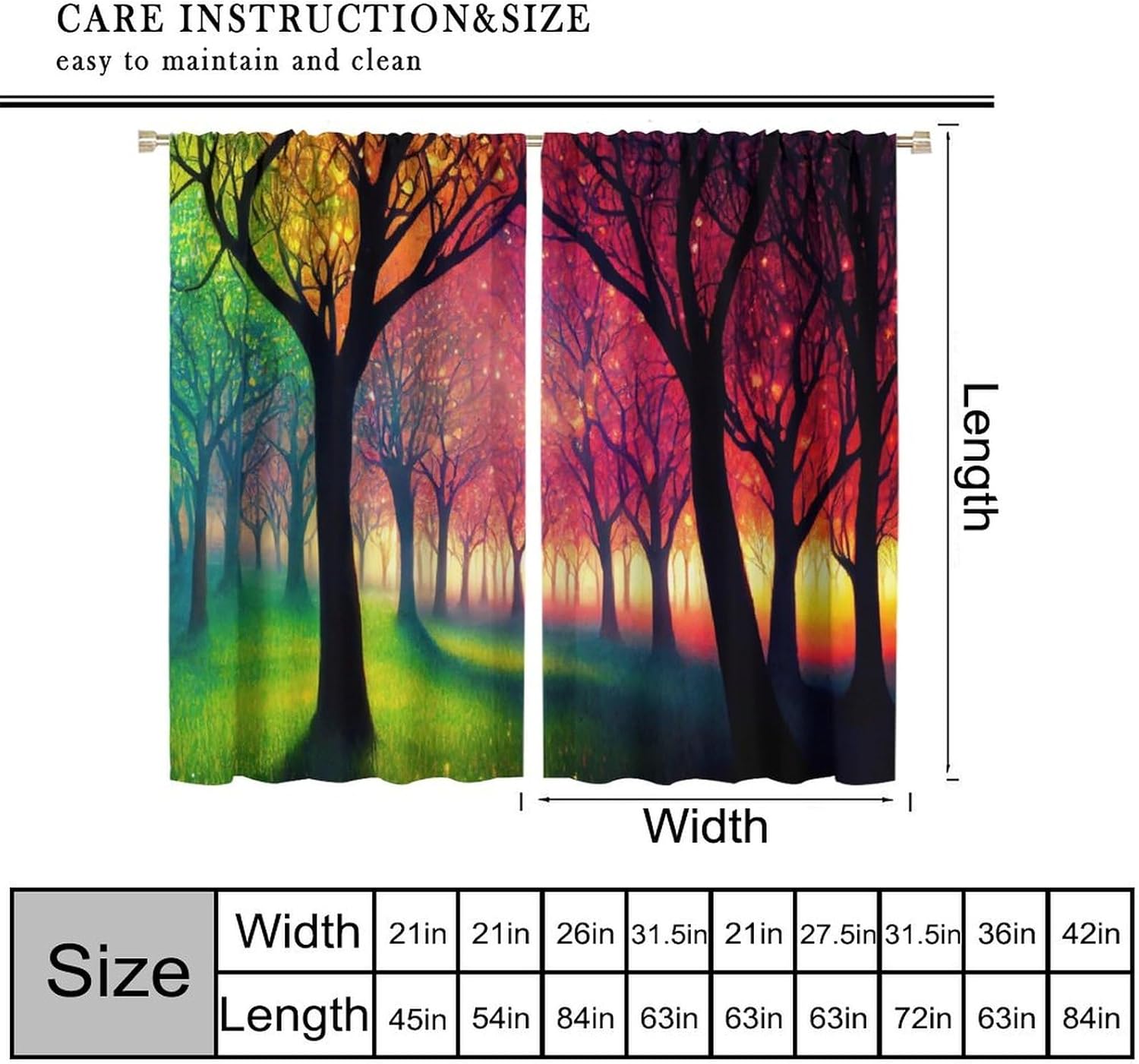 Forest Blackout Curtains, Dream Colourful Magic Forest Fairy Tale Plants Neon Trees Art Aesthetics Print Rod Pocket Window Treatments Drapes for Bedroom Kitchen Living Room 42" W X 45" L