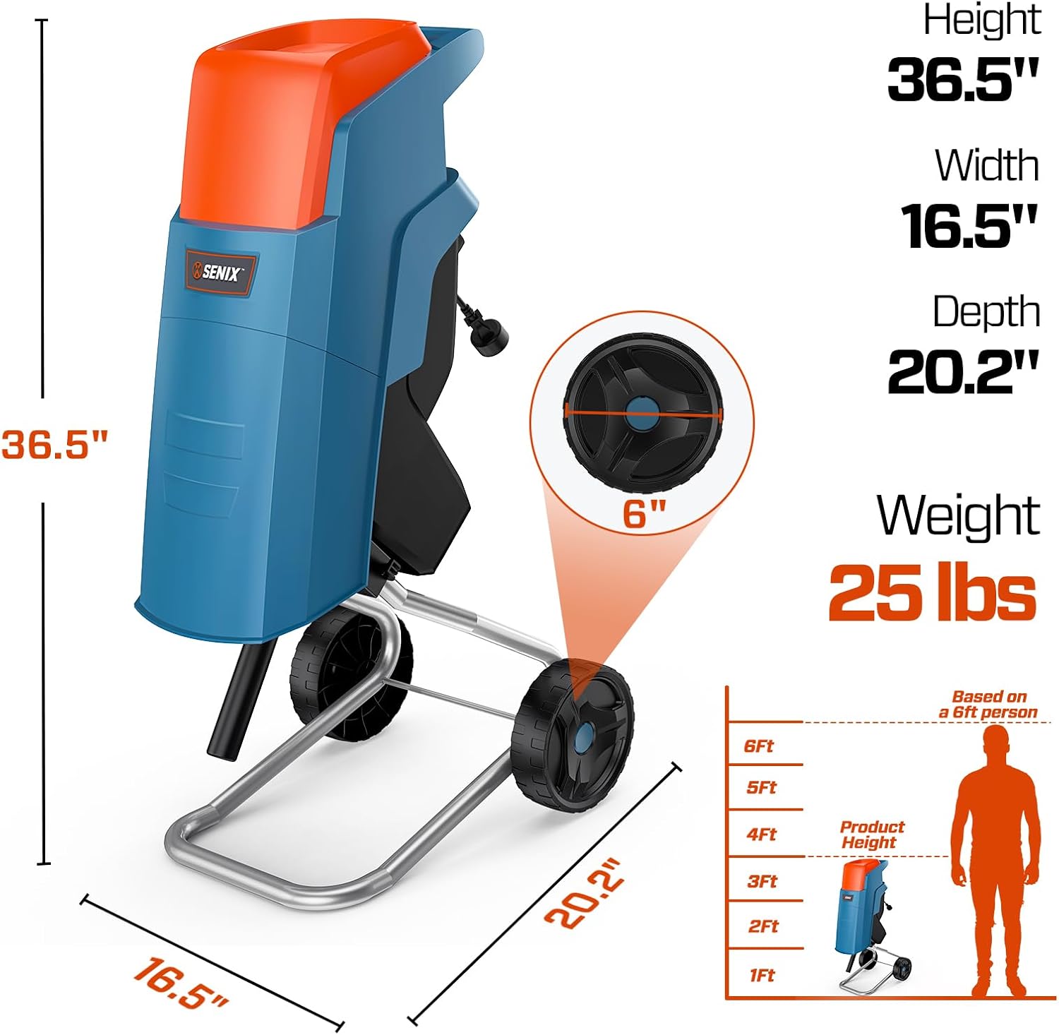 SENIX Wood Chipper, 15-Amp Eletrice Shredder, Cord Mulchers - 22:1 Reduction, 4000RPM, 1.6 Inch Cutting Diameter, with 11-Gallon Collection Bag