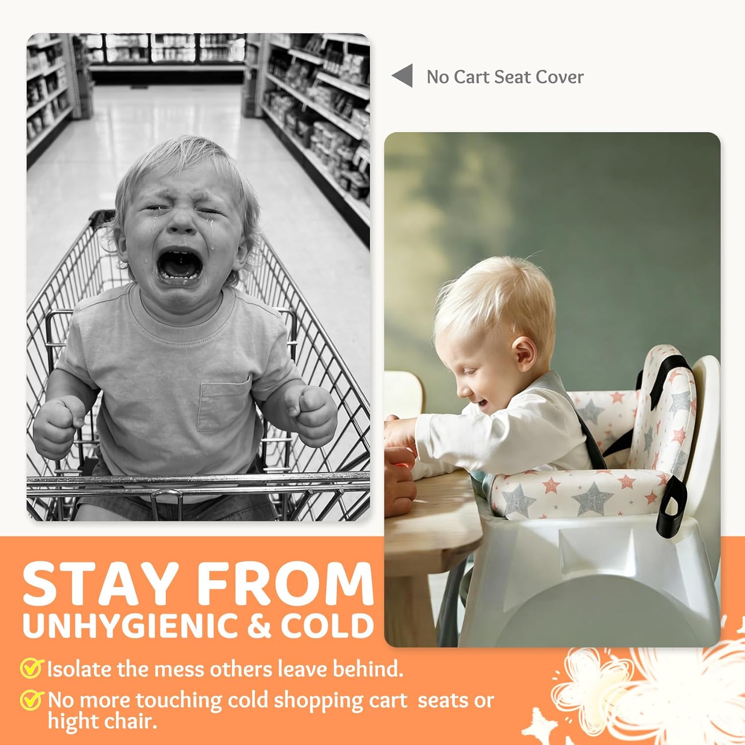 Portable Baby Shopping Cart Seat, High Chair Cover for Outdoor, One-Hand Installation Cart Seat Cover, Comfortable and Supportive Foam-Padded, Grocery Cart Baby Seat – Stars White-Stars