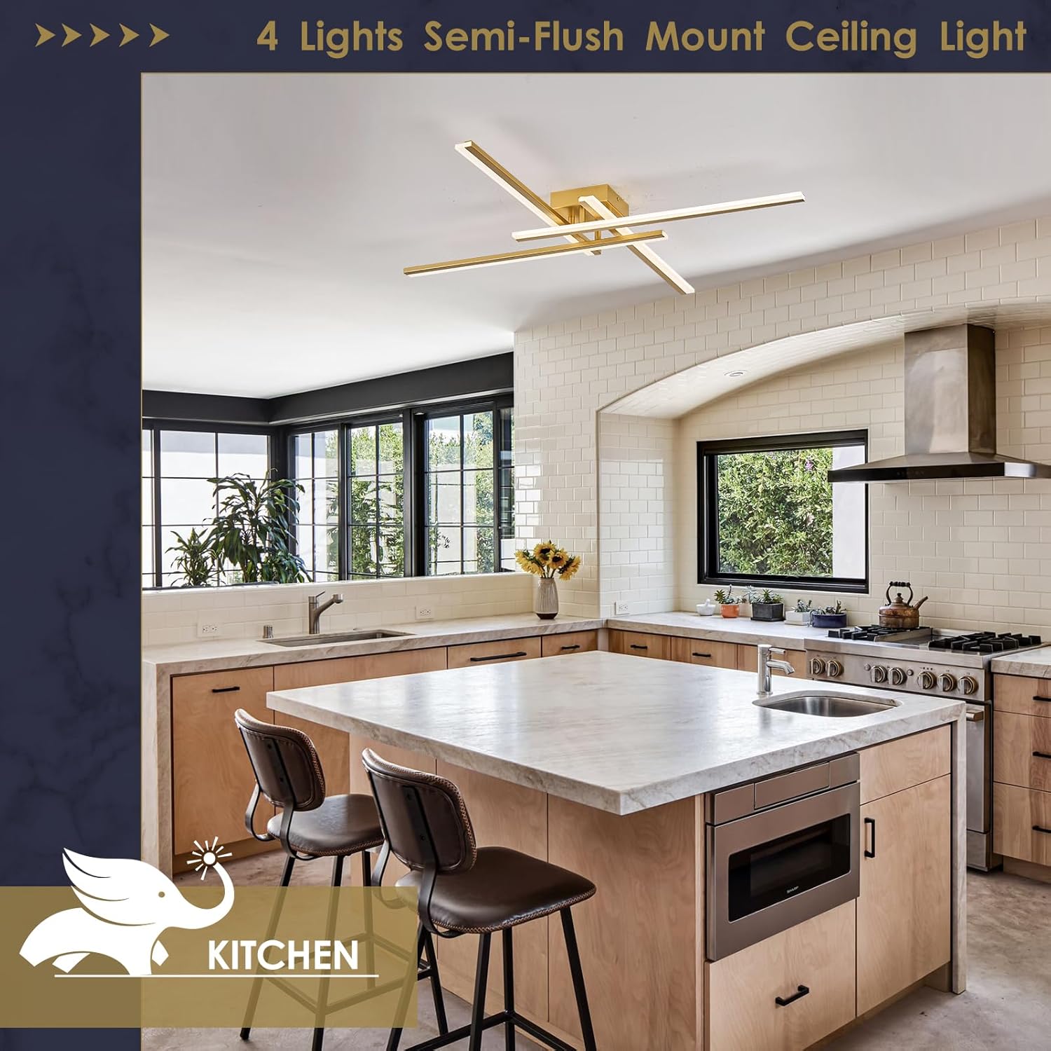Gold Modern Led Chandelier 4-Lights Semi-Flush Mount Ceiling Lighting Fixture 35.4” Dimmable Remote Control Ceiling Light for Living Room Bedroom Kitchen Foyer