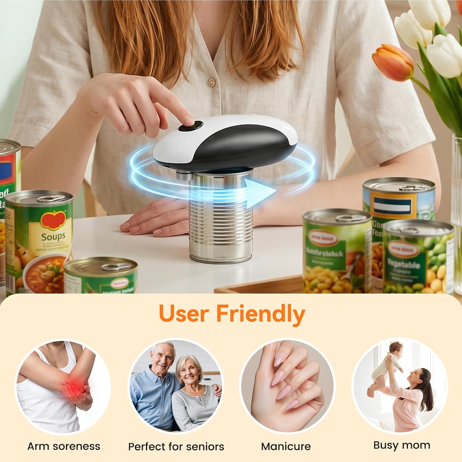 Electric Can Opener, USB-C Rechargeable One Touch Hands Free Automatic Can Openers for Most Can Sizes Smooth Edge, Safe and Easy to Use for Seniors, Arthritis Sufferers, Kitchen and Camping