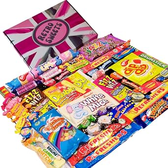 Retro Sweets Gift Box Ultimate Sweet Hamper. Packed in a fun Retro Design Box with over 50 Nostalgic and Popular British Sweets (Large, Pink & Green Union Jack Inspired Design)