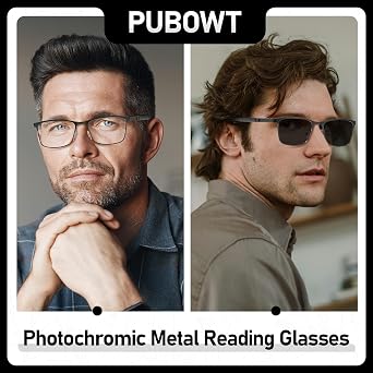 Reading Glasses Men Photochromic Blue Light Blocking Readers Wide Frame Style Metal Frame Tinted Eyeglasses PT2407