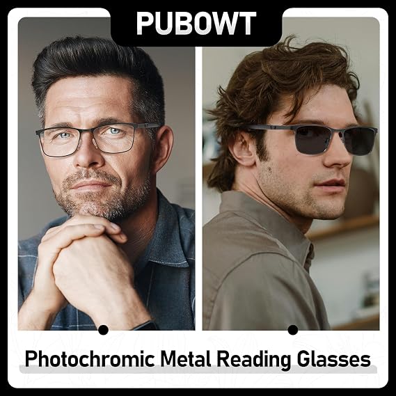 Reading Glasses Men Photochromic Blue Light Blocking Readers Wide Frame Style Metal Frame Tinted Eyeglasses PT2407