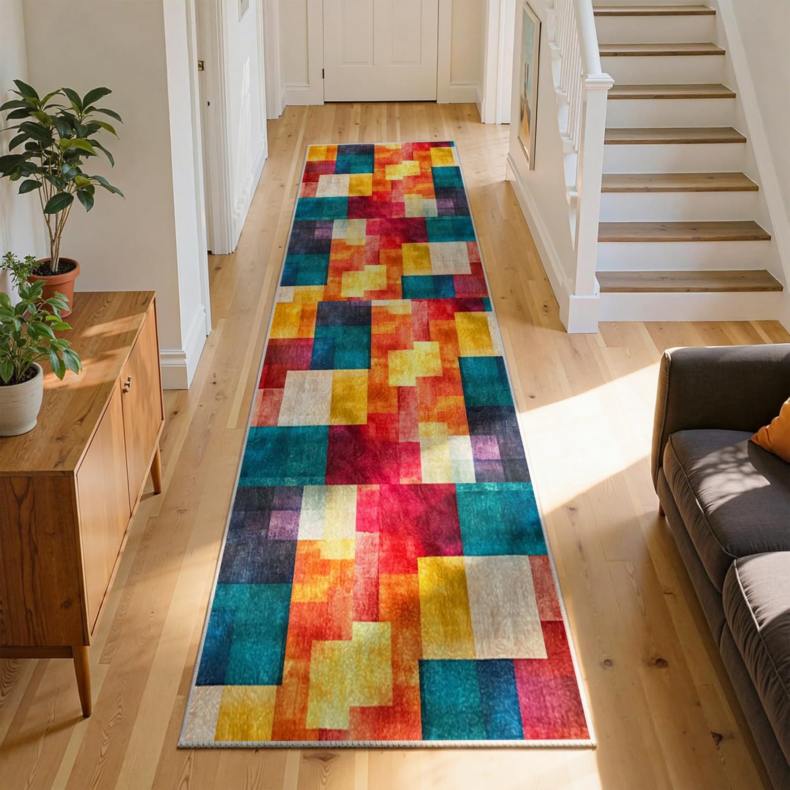WAOTMN Colorful Geometric Patchwork Indoor Carpet Runners Non-Slip 60x150cm Multicolor Dense Short Pile Modern Living Room Hallway Rugs for Bedroom Beside Soft Cozy Hall Runner