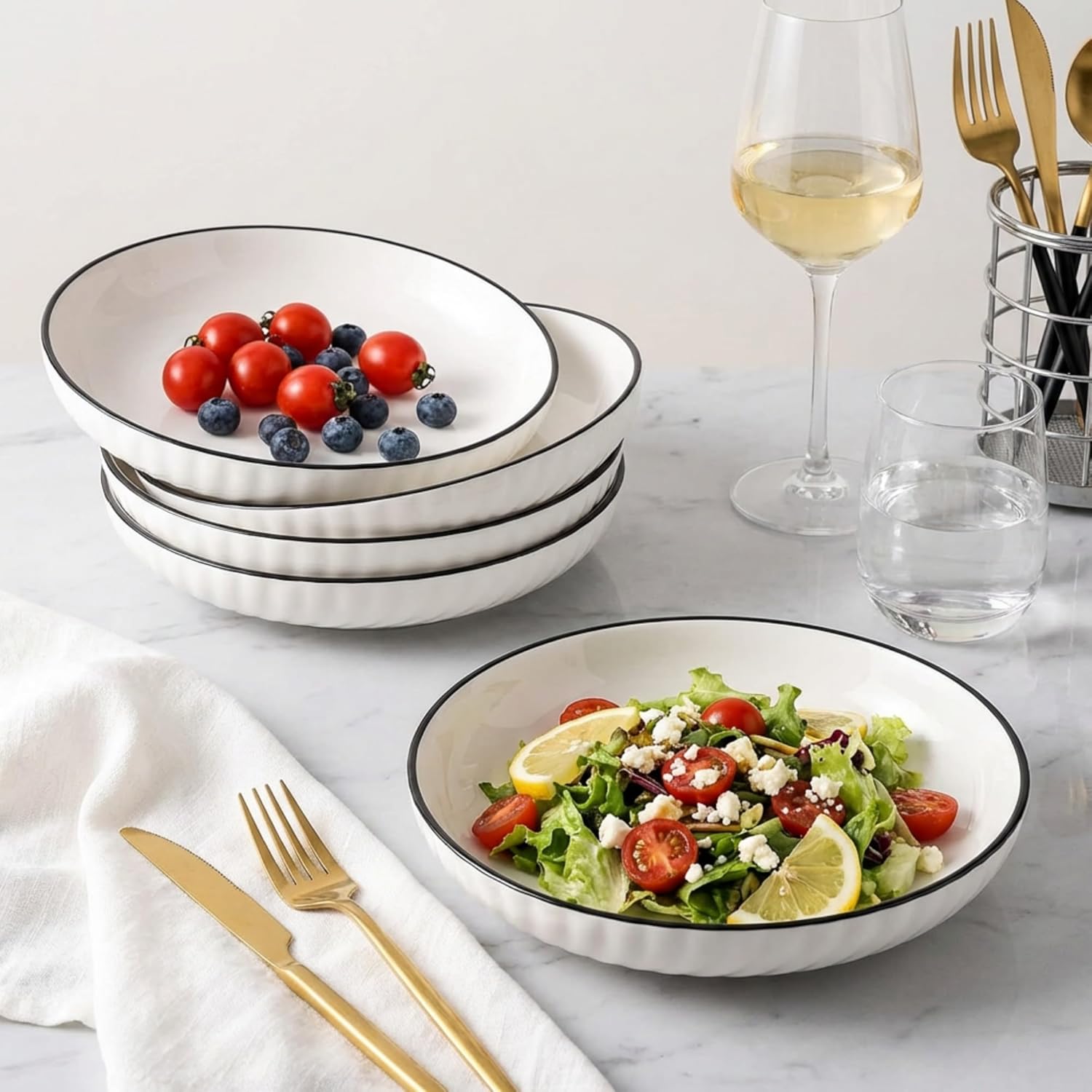 Pasta Bowls Set of 6, 22 oz Ceramic Salad Bowls, 8.3 inch Wide & Shallow Serving Bowls for Pasta, Salad, Soup, Dessert, Microwave and Dishwasher Safe, White Dinner Plates Kitchen Gifts