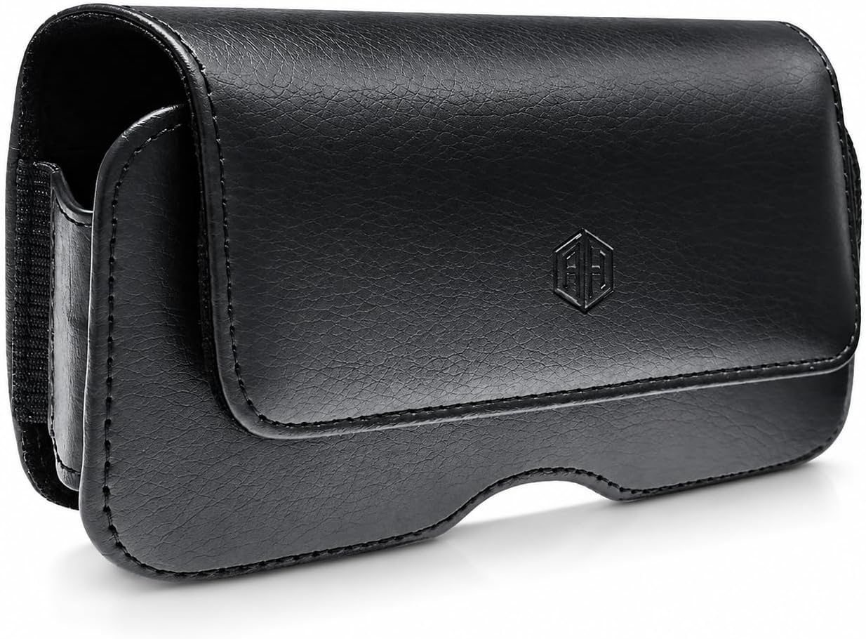 AH Small Horizontal Leather Pouch Holster with Belt Clip and Belt Loop, Case Fits LG B470, Kyocera Cadence LTE, Alcatel Go Flip/MyFlip, Palm Phone and Most Small Flip Phones