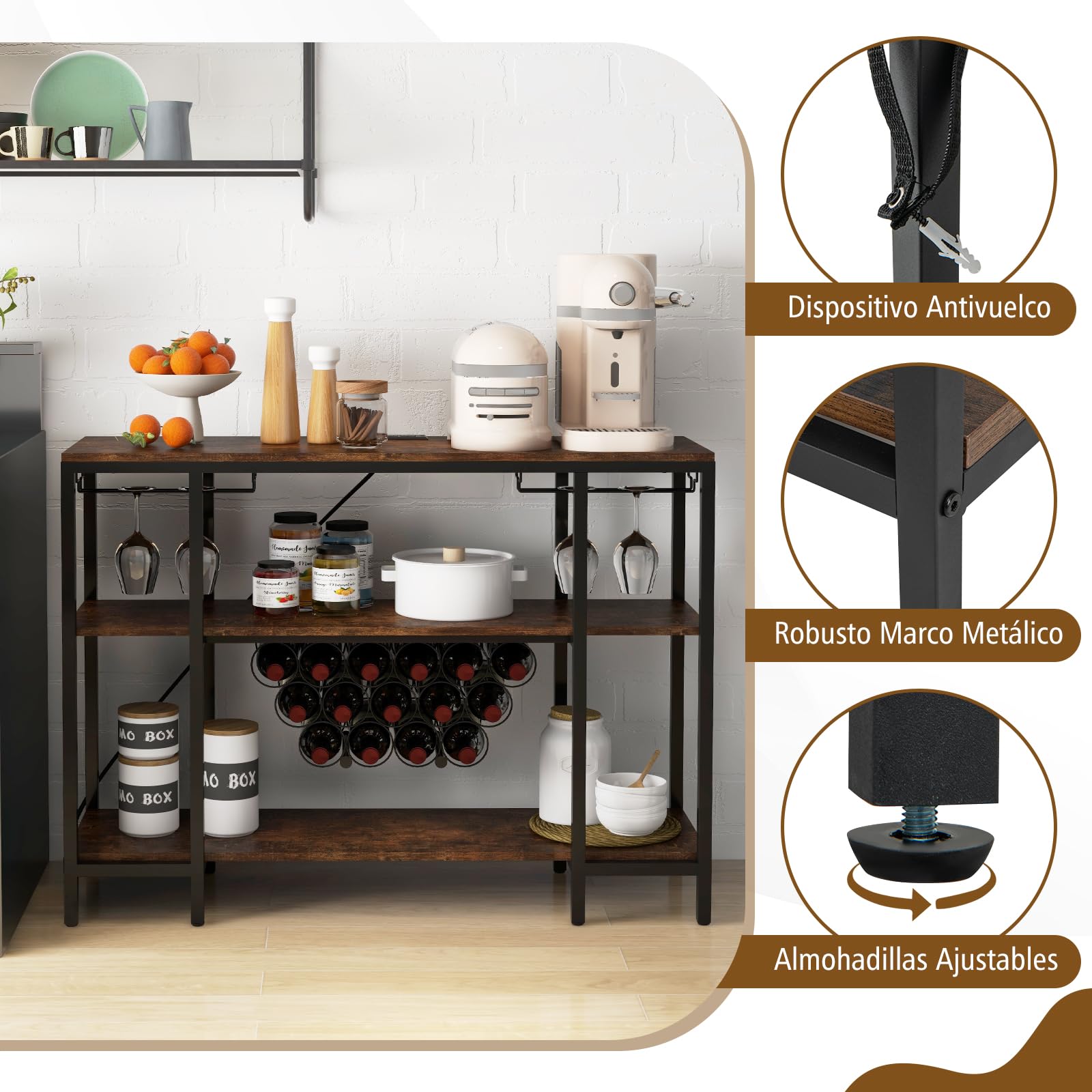 GIANTEX Botellero para 15 Botellas, Estantería de 3 Niveles con Soporte de Copas, Mesa Auxiliar con 2 Puertos USB y 2 Enchufes, Estantería de Vino para Cocina, Salón, 113 x 35 x 85 cm (Marrón Rústico)