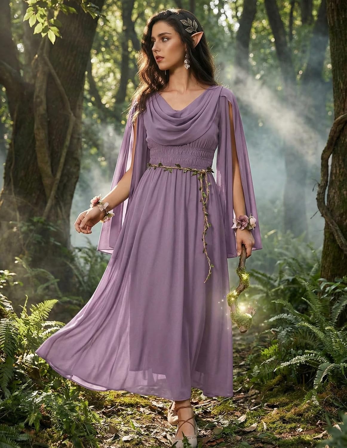 Scarlet Darkness Women Renaissance Dress Split Bell Sleeve Cowl Neck Peasant Medieval Dress