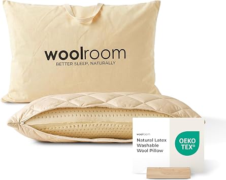 WOOLROOM All Natural Latex Bed Pillow Standard Size - Pressure Relieving Latex Pillow - Molds to Your Head - Encased in Traceable Machine Washable British Wool Organic Cotton Champagne Cover