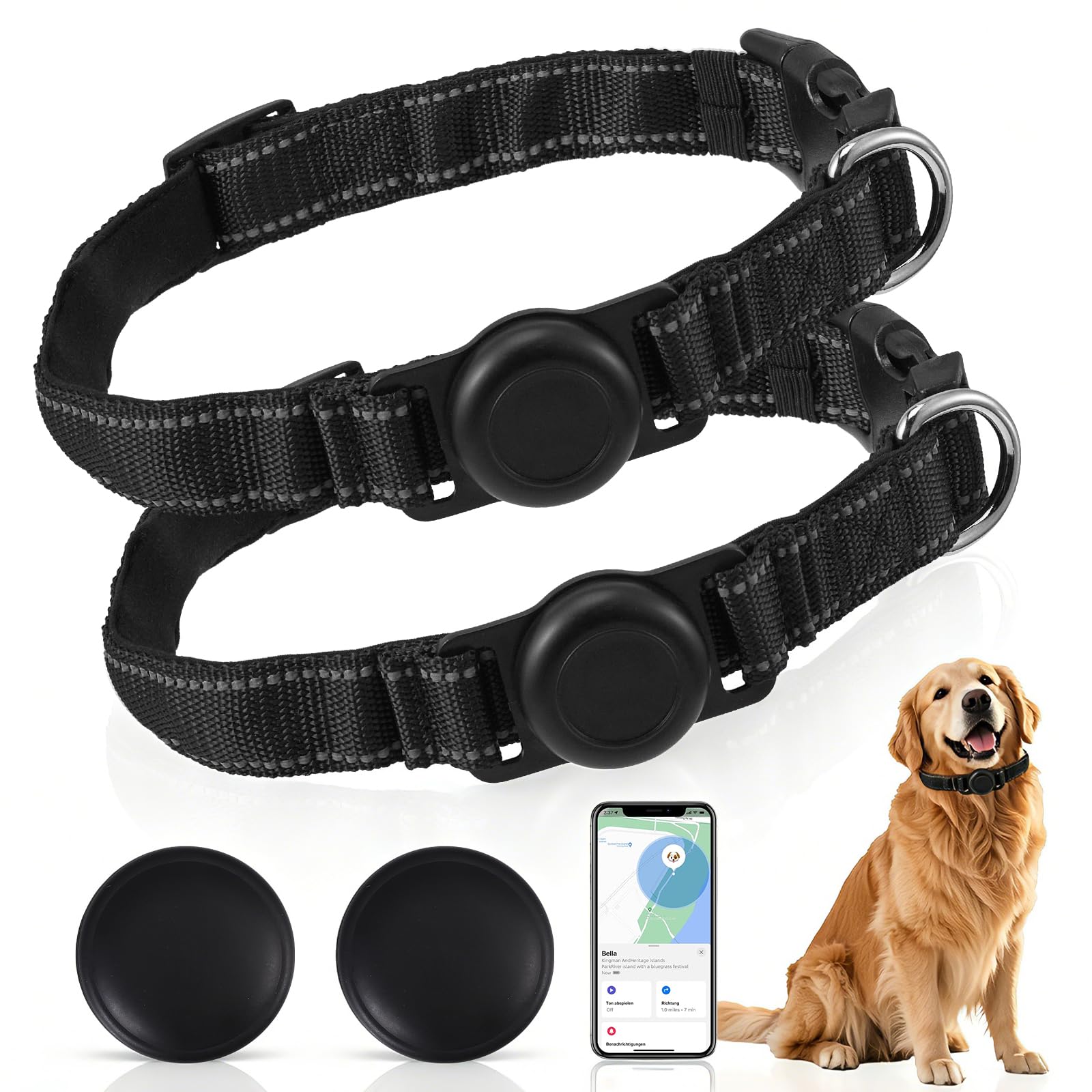 Collar para Perro Airtag, 2 Piezas de Collares Reflectantes para Perros con Rastreadores GPS para Perros Medianos y Grandes, Ajustable, Collar Antifuga para Perros con Cuello de 40 a 65 cm