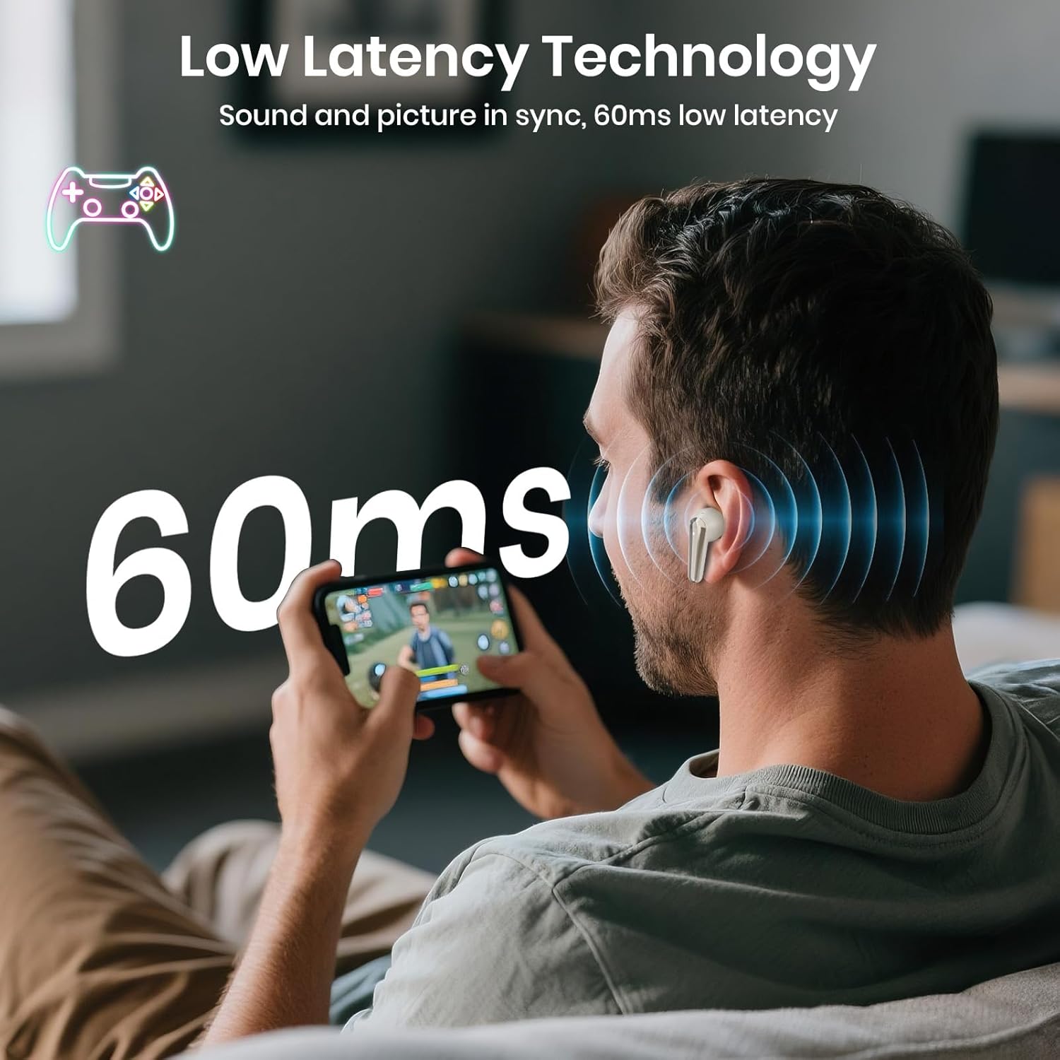 Wireless Earbuds Bluetooth 5.4 Light Weight in Ear Earphones 10mm Drivers with Powerful Bass IPX5 Waterproof Headphones 60H Long Playtime Bluetooth Headphones ANC ENC Noise Cancelling Khaki - Image 5