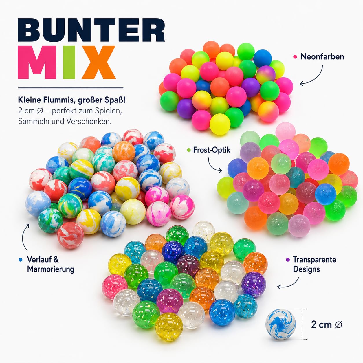 jameitop® 600 FLUMMIS gemixte Bunte Farben (Frost/Verlauf/Neon) 2 cm Spring Ball Sprungball Hüpfball Ball
