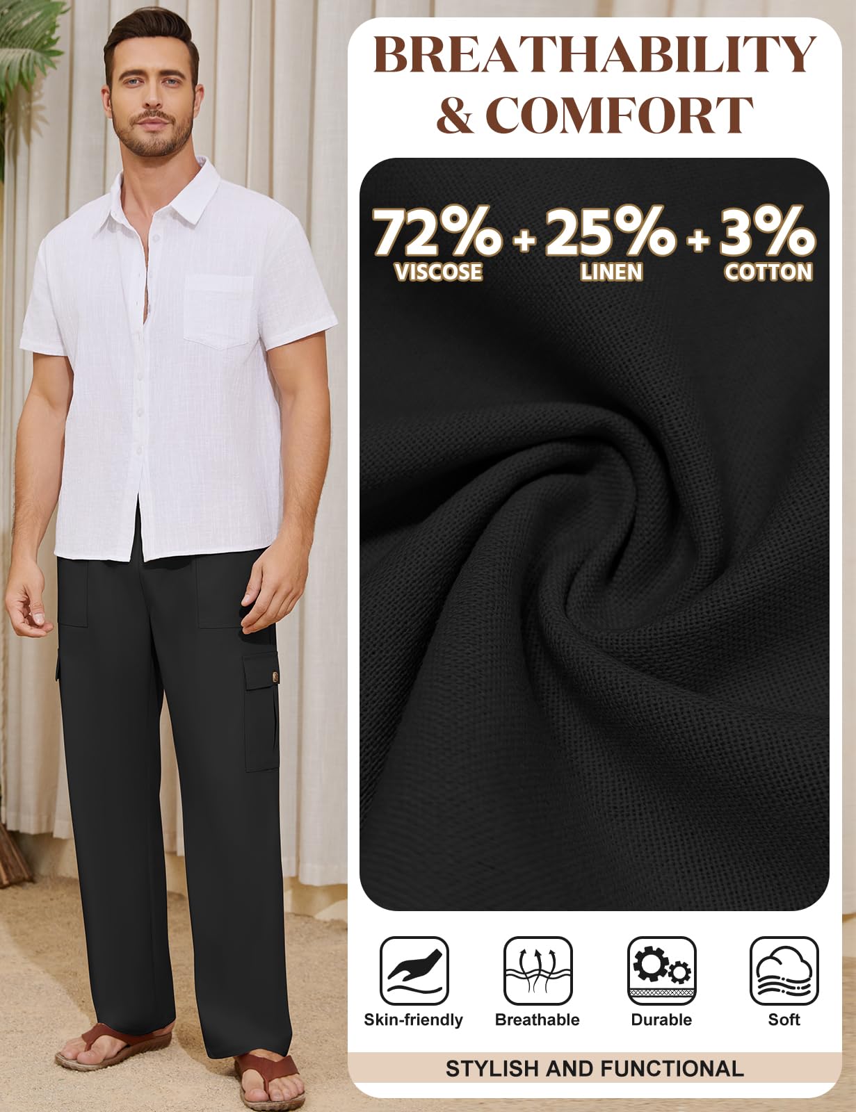 Voqeen Pantaloni Lino Uomo Estivi Pantalaccio Uomo Estivo Casual Pantaloni Elasticizzati in Vita con Tasche Cargo Pantalone di Lino Leggeri da Spiaggia Larghi