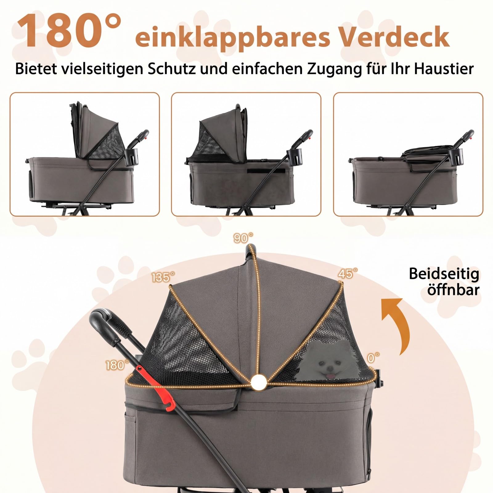 COSTWAY 3 in 1 Hundewagen klappbar, Hundebuggy 2 Etagen, Haustierwagen mit verstellbarem Vordach, Netzfenster & Taschen, Hundebox Transporttasche, Haustierbuggy für Katzen Hunde bis 15 kg (Grau)