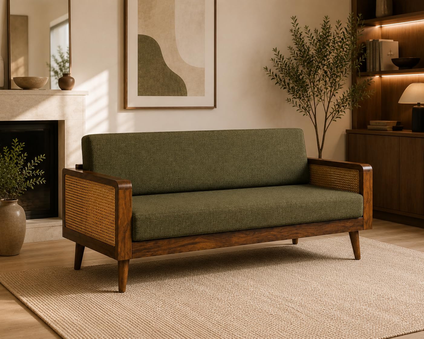 Sainistree Furniture | Solid Sheesham Wood Rattan Armchair | Teak Brown Finish, Cane Back & Geen Upholstery | Mid-Century Modern Accent Chair for Living/Dining Room (2 Seater Sofa, Green Upholystry)-image-43
