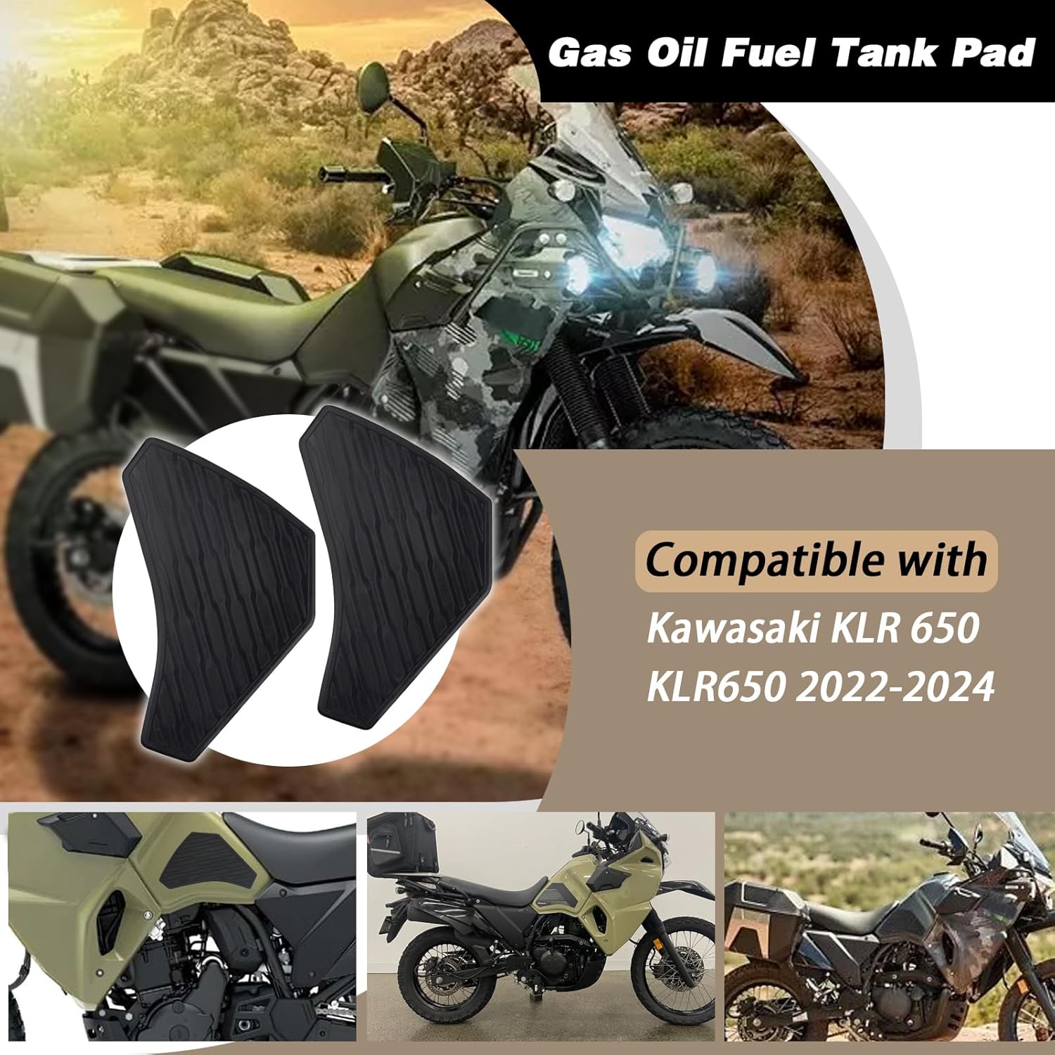 Motorcycle SideTank Pad, Gas Oil Fuel Tank Pad, Rubber Decal Tank Protector, Anti-Slip Scratch-Resistant Protector Sticker Compatible with Kawasaki KLR650 2022-2024