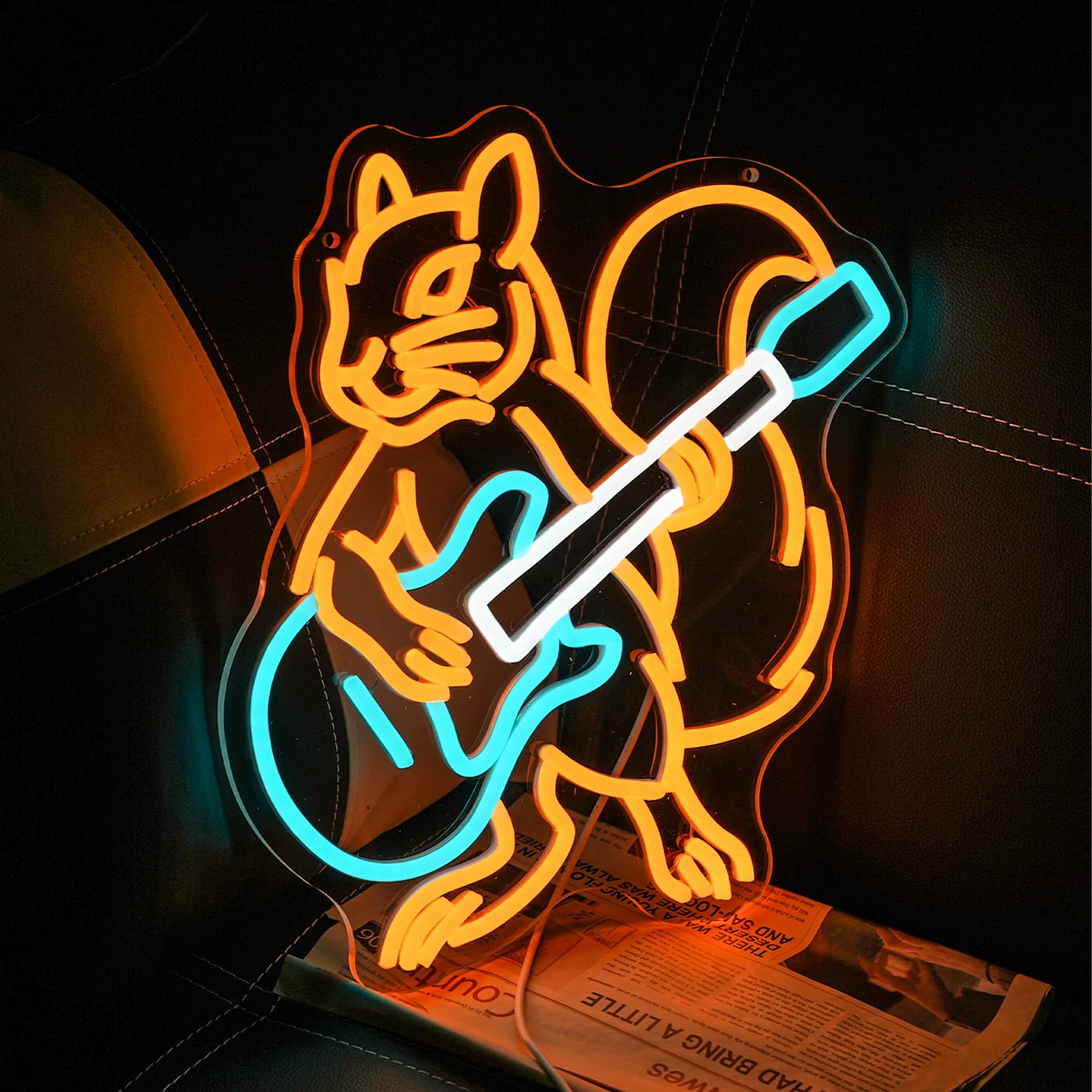 Insegna al neon a forma di chitarra con scoiattolo per decorazione da parete, birreria, chitarra, luce al neon, alimentata tramite USB, con musica a LED, per bar, musica dal vivo, grotta, casa, feste