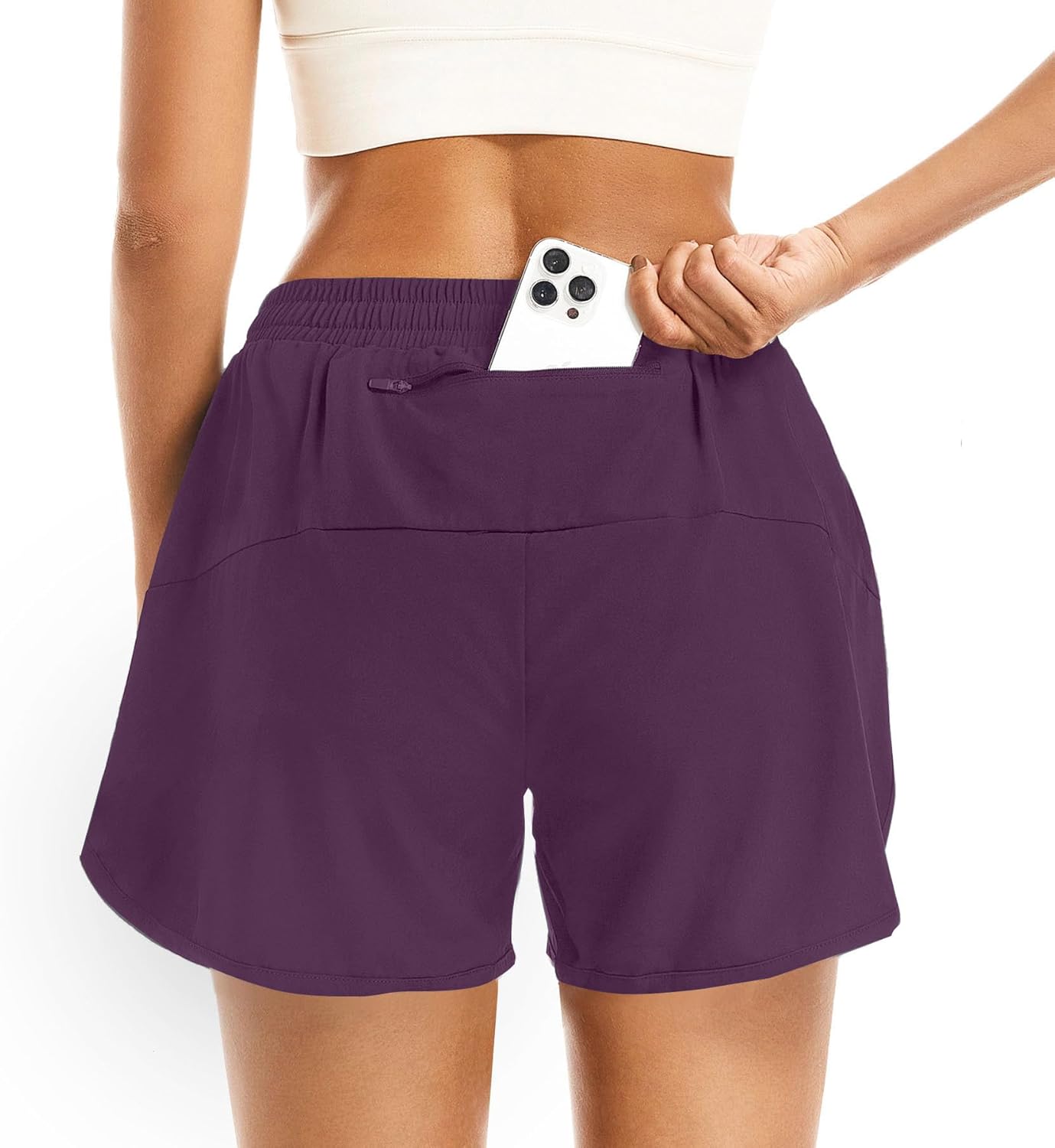 Women's 2 in 1 Athletic Running Shorts High Waisted Workout Casual Gym Sweat Shorts Mesh Comfy Liner Zipper Pockets