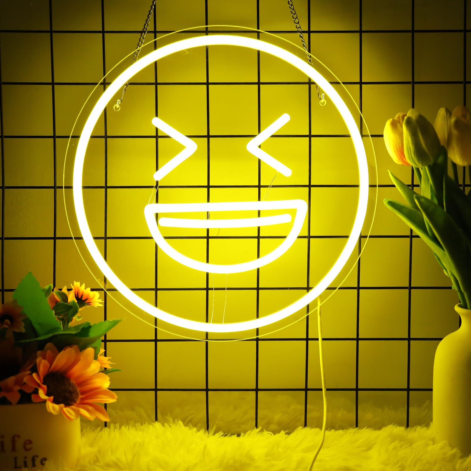 Smiley Face Neon Sign for Wall Decor, USB Powered Smile Face Led Light up Sign, Laugh Heartily Neon Light with Dimmable Switch for Kids Room Office Wedding Birthday Party Decor Boy Girl Christmas Gift