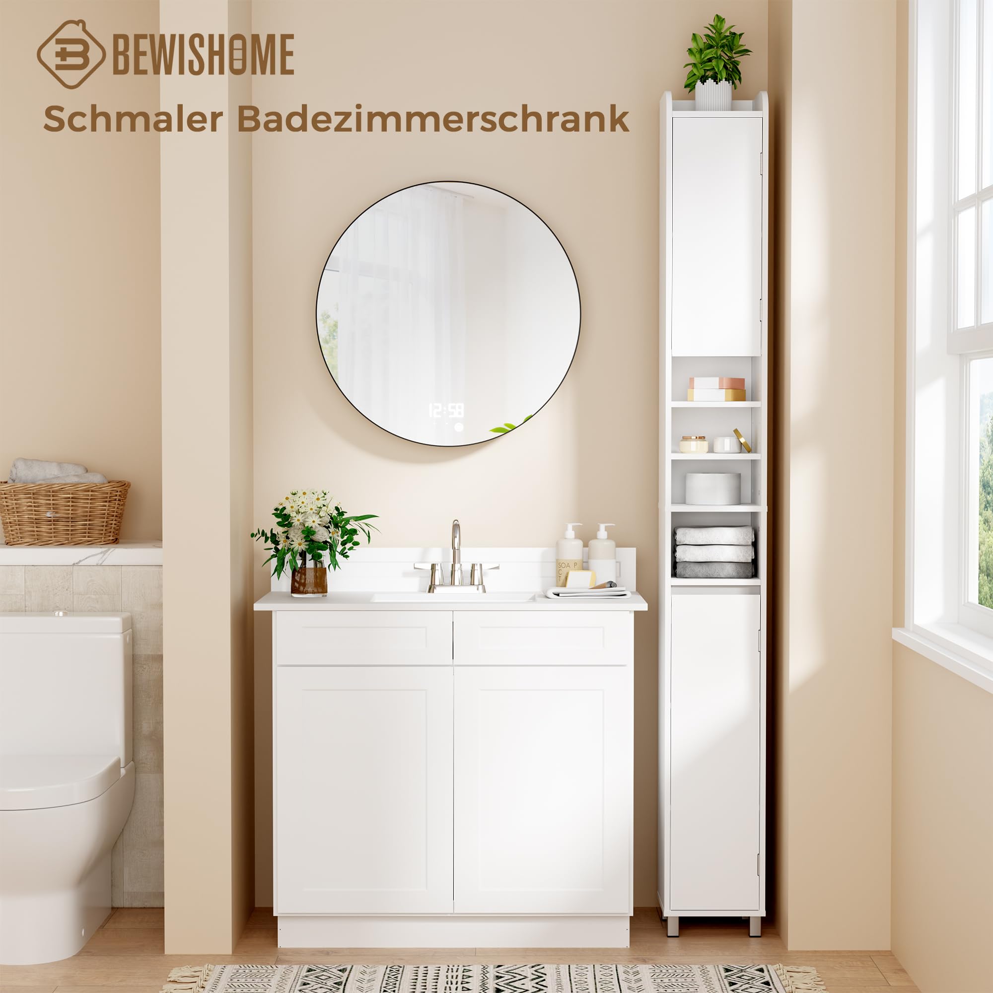 BEWISHOME Badezimmerschrank Schmal Hochschrank für Badezimmer 20x20x180cm