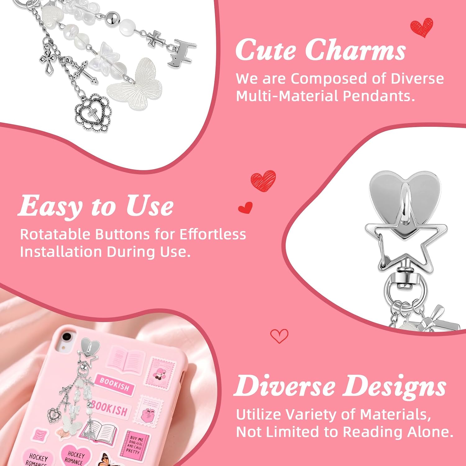 Charm Chains for Kindle Cute Phone Charm Kit Keychain Charms for Kindle with Hook Phone Decorations for Case Hippers Accessories for Readers Booklovers Women Men Gifts