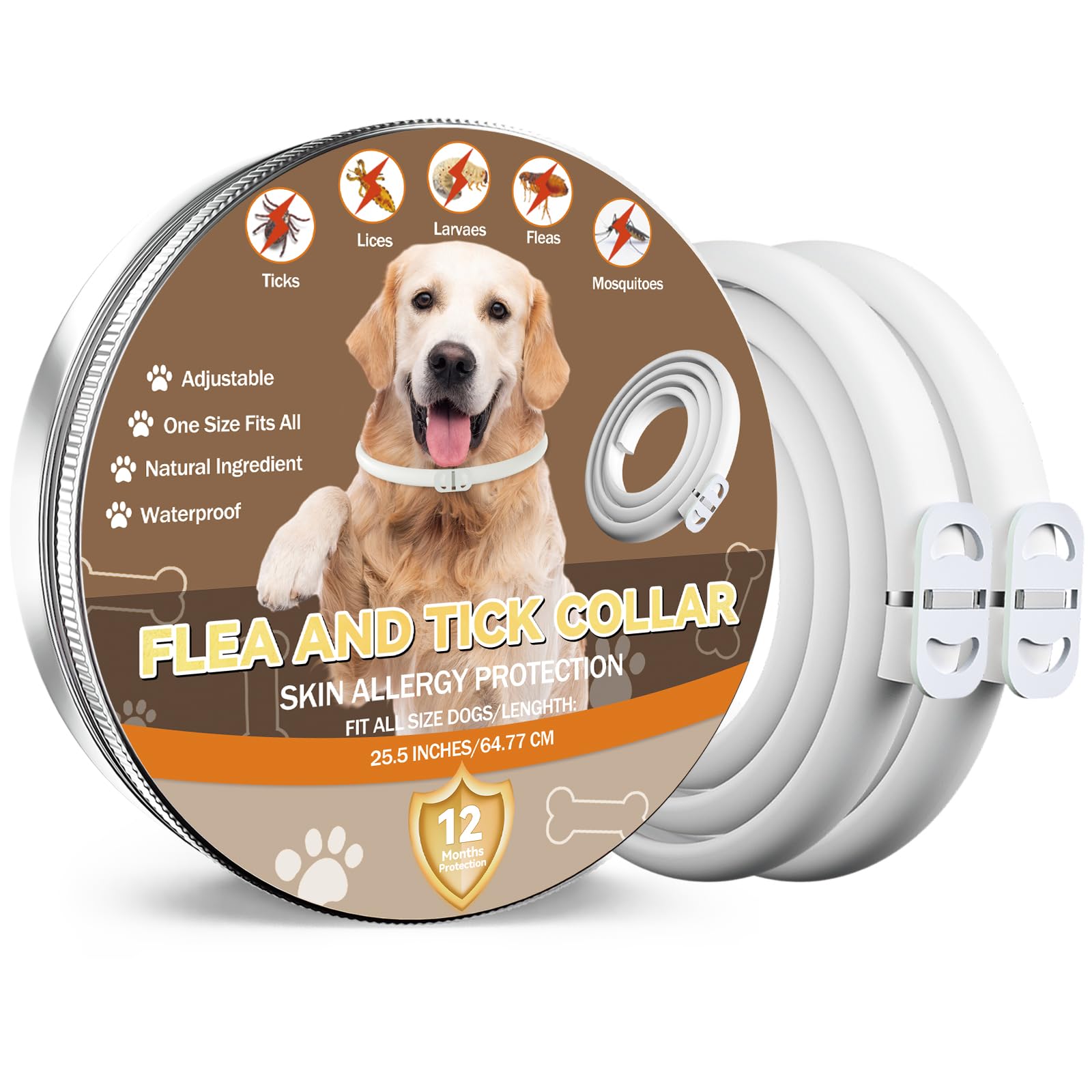 Collar Antiparasitario para Perros, Collar Antipulgas y Garrapatas, Apto para Perros de Todos los Tamaños, Fórmula Natural Segura y Material Impermeable, Dura 12 Meses(2 Pack)