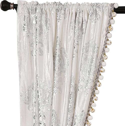 Miniatura 4 de Cortinas opacas de terciopelo con pompones blancos para sala de estar, juego de 2 paneles de cortinas de lujo con borlas para dormitorio (blanco