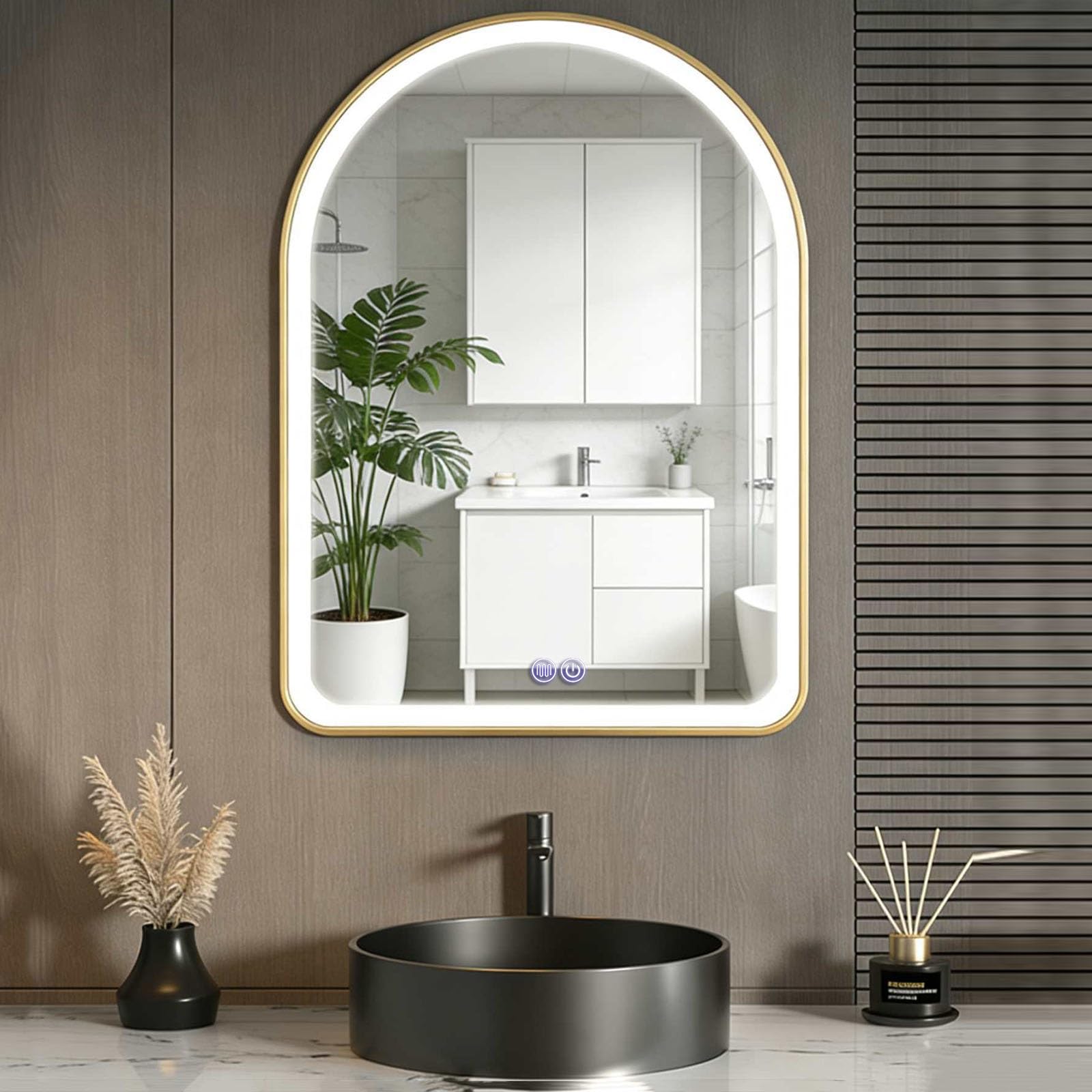 SXFSDOU Illuminated Bathroom Mirror, Arched LED Wall Mounted Vanity Mirror with Metal Frame, Anti-Fog and Dimmable Features