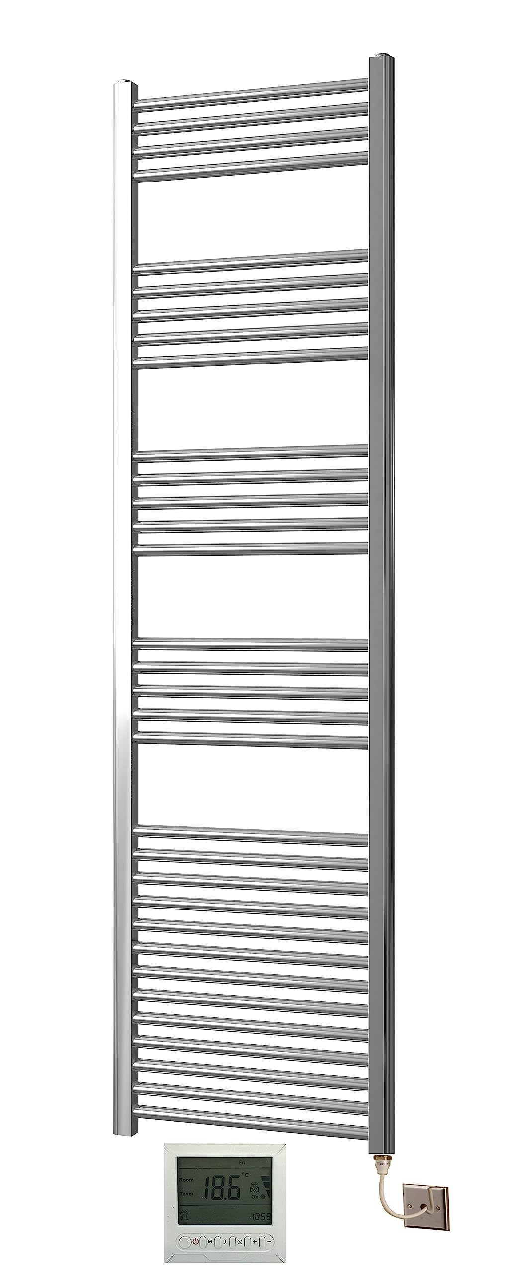 Greened House Electric Chrome 500W x 1800H Flat Towel Rail + Timer and Room Thermostat Bathroom Towel Rails