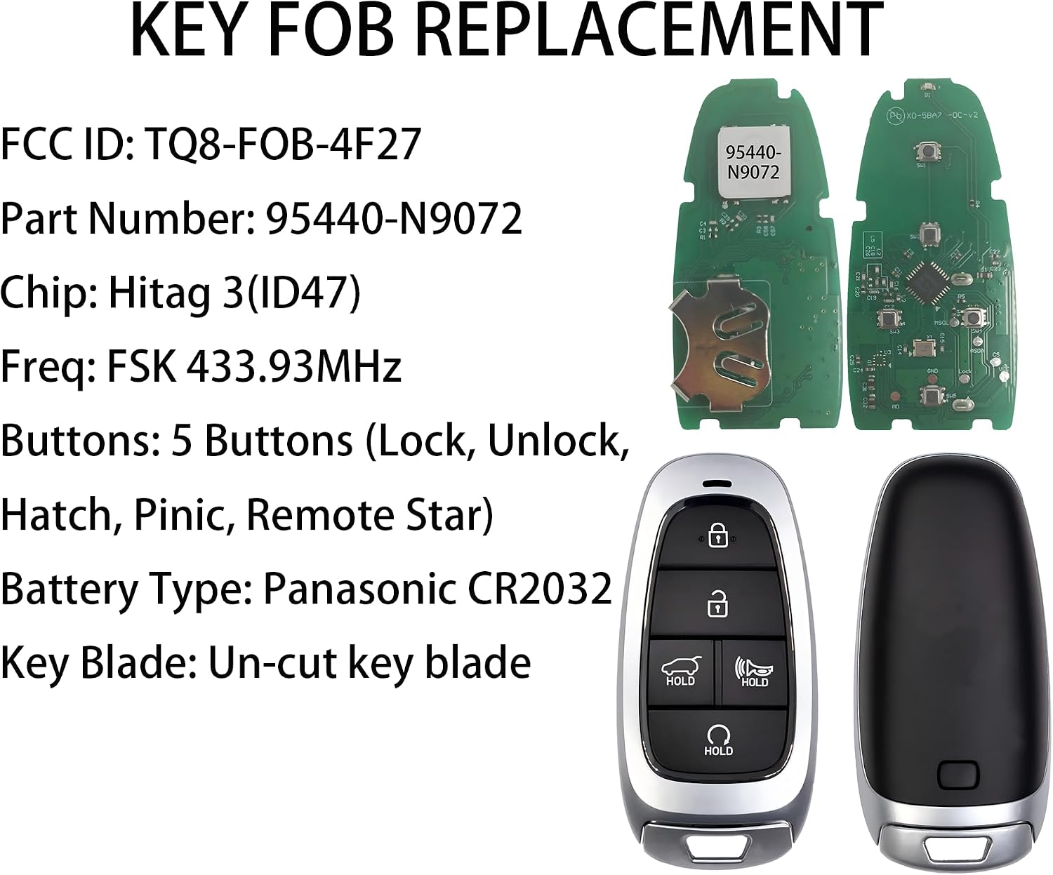 Smart Key for Hyundai Tucson 2022-2024, Alliskeys 5-Buttons Proximity Key Fob Replacement for Hyundai Tucson 2022 2023 2024TQ8-FOB-4F27 95440-N9072