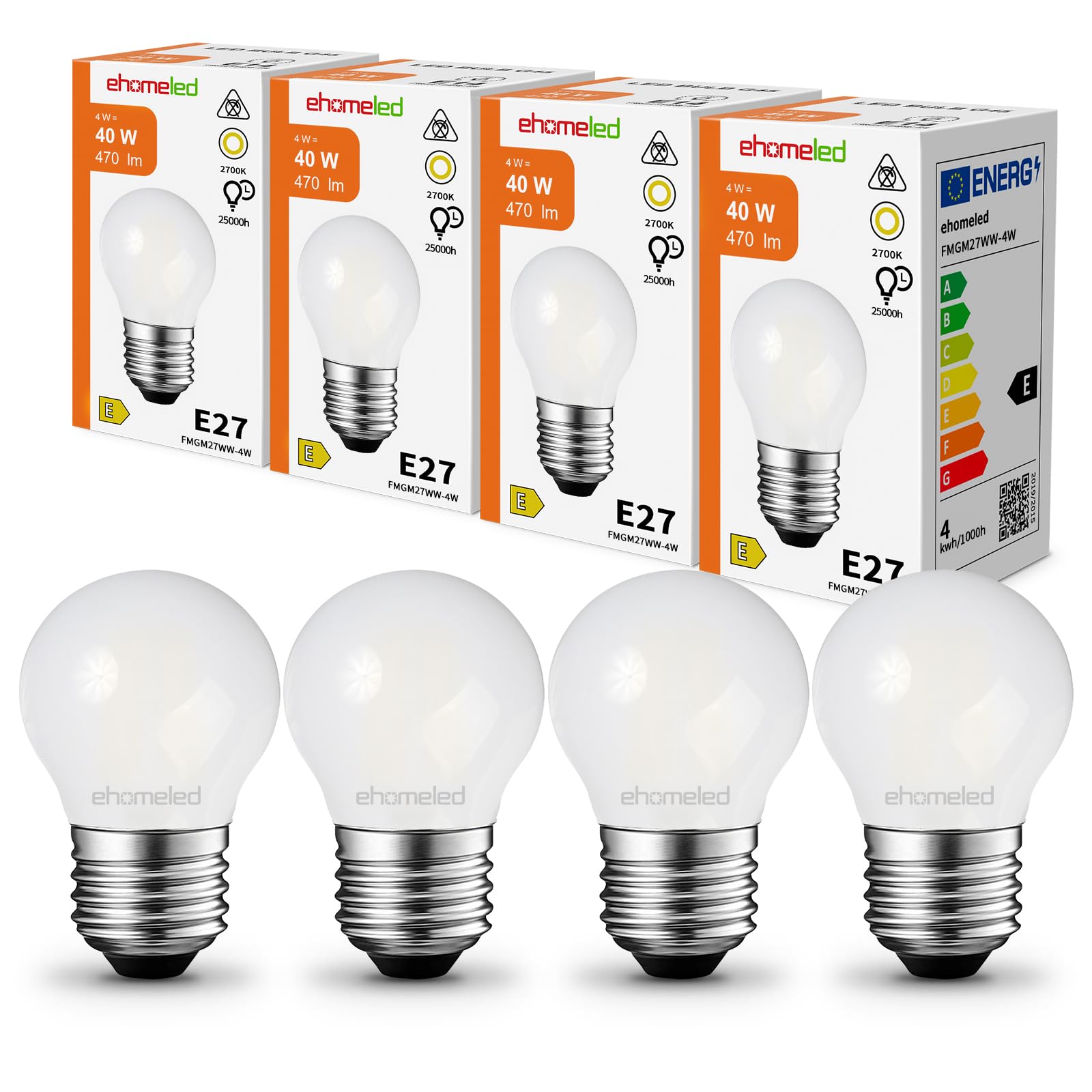 E27 Screw Bulb 40W Equivalent, 4W LED Filament Vintage Bulb Warm White 2700K, 470LM Small Edison Screw Light Bulbs, Frosted White G45 Golf Ball Energy Saving Lamps for Home Lamp, 4 Pack