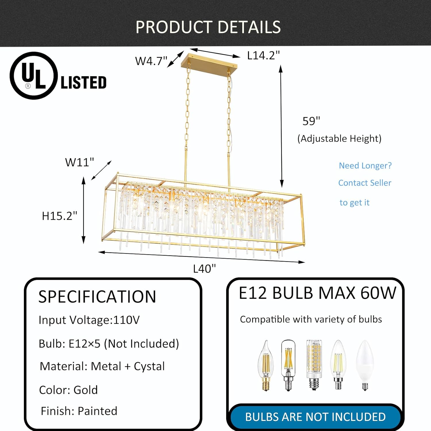 Modern Crystal Chandelier, Gold Rectangular Crystal Chandelier for Dining Room, 40" Top K9 Luxury Rectangle Farmhouse Light Fixture for Living Room, Kitchen Island L40xW12xH11