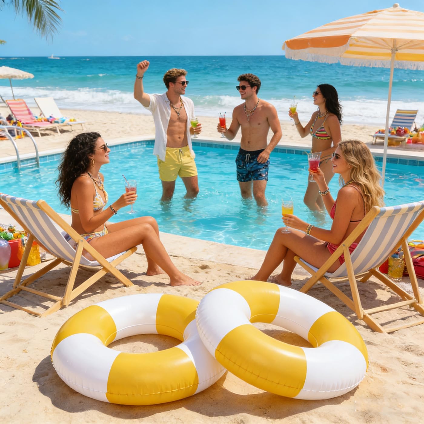 2PCS 37" Inflatable Pool Floats for Adult Striped Swim Ring Pool Floaties Inflatable Swimming Pool Raft Party Water Summer Beach Lounger Float Party Supplies