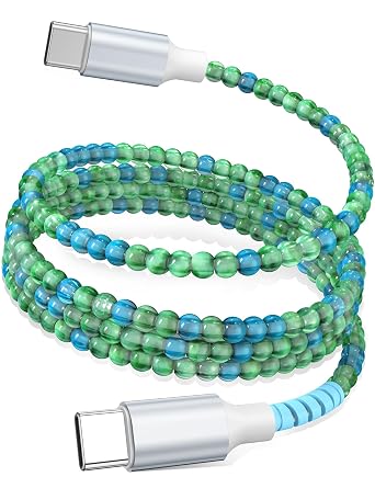 USB C to USB C Cable 6FT 60W Beaded Phone Fast Charging Cord&Car Charger for iPhone 17 16 15 Pro Max/iPad Pro 10th A16 for Samsung S26 S25 S24 Ultra A17 Android Phone Charger Cute Girl Women,BlueGreen